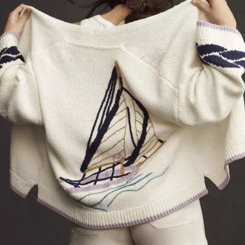 Maeve x Anthropologie The Maggie Shoreline Boat Cardigan Knit Sweater XSP XS P